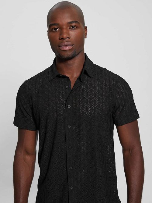 Guess Reeves Perforated Woven Shirt Zwart | GUESS-SN31290