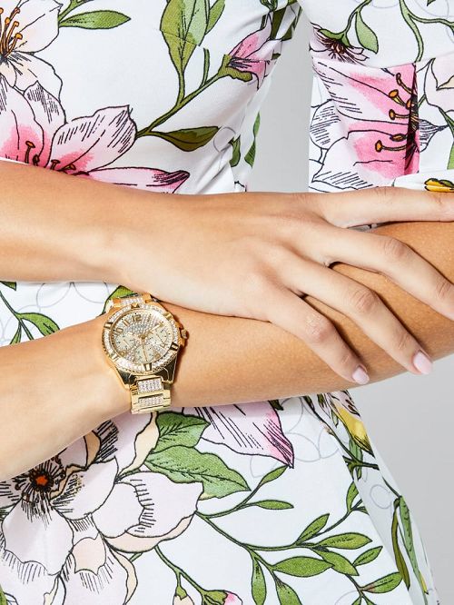 Guess Rhinestone Gold-Tone Multifunction Watch Goud | GUESS-SN30010