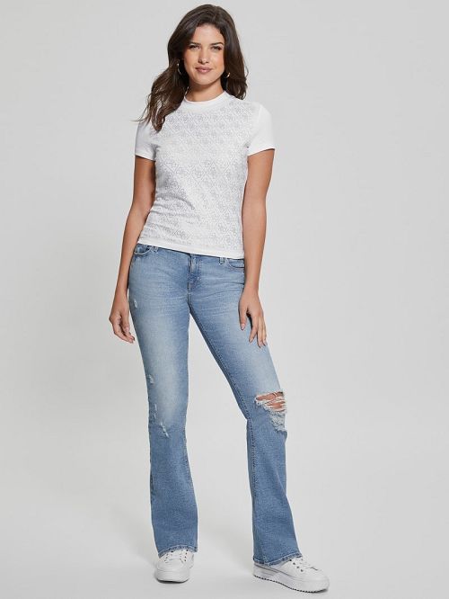 Guess Rhinestone Quattro G Mock-Neck Tee Wit | GUESS-SN27641