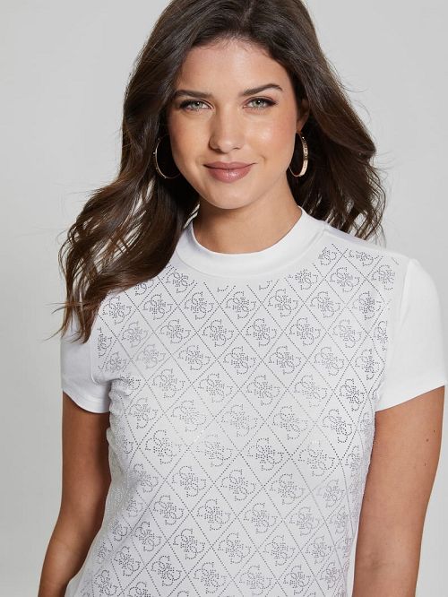 Guess Rhinestone Quattro G Mock-Neck Tee Wit | GUESS-SN27641