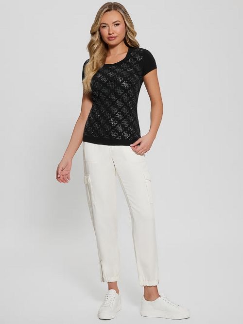 Guess Rhinestone Quattro G Tee Zwart | GUESS-SN27314