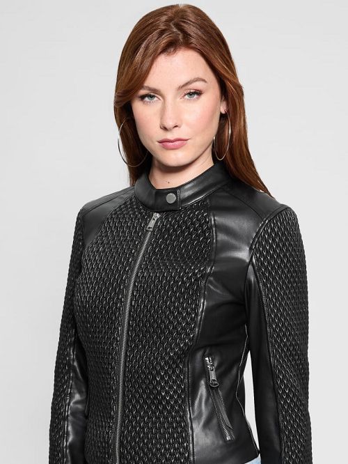 Guess Rivers Faux-Leather Moto Jacket Zwart | GUESS-SN28035