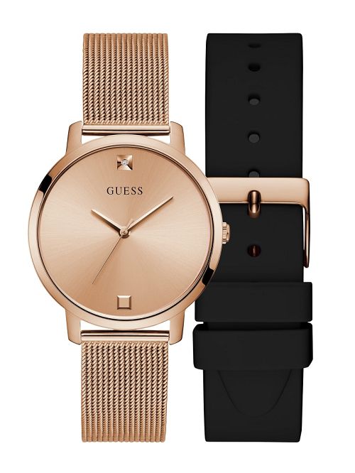 Guess Rose Gold-Tone Analog Watch with Black Silicone Strap Roze Goud | GUESS-SN30012