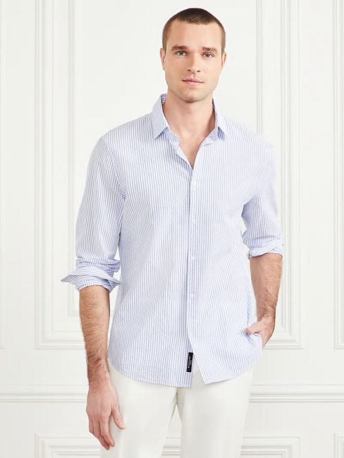 Guess Seersucker Italian Notched Cuff Shirt Blauw | GUESS-SN31160