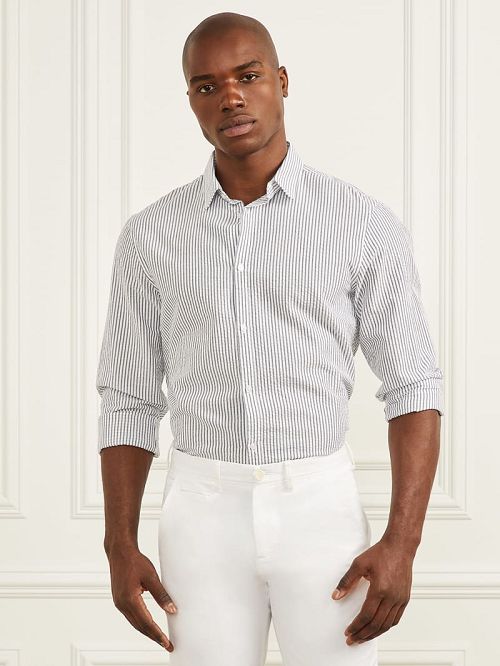 Guess Seersucker Italian Notched Cuff Shirt Blauw | GUESS-SN31233