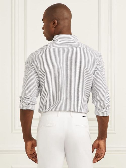 Guess Seersucker Italian Notched Cuff Shirt Blauw | GUESS-SN31233