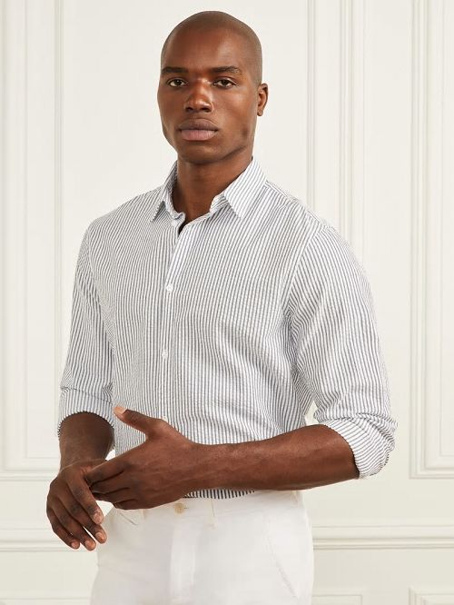 Guess Seersucker Italian Notched Cuff Shirt Blauw | GUESS-SN31233