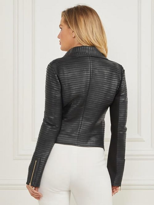 Guess Shayna Drape Leather Jacket Zwart | GUESS-SN28019