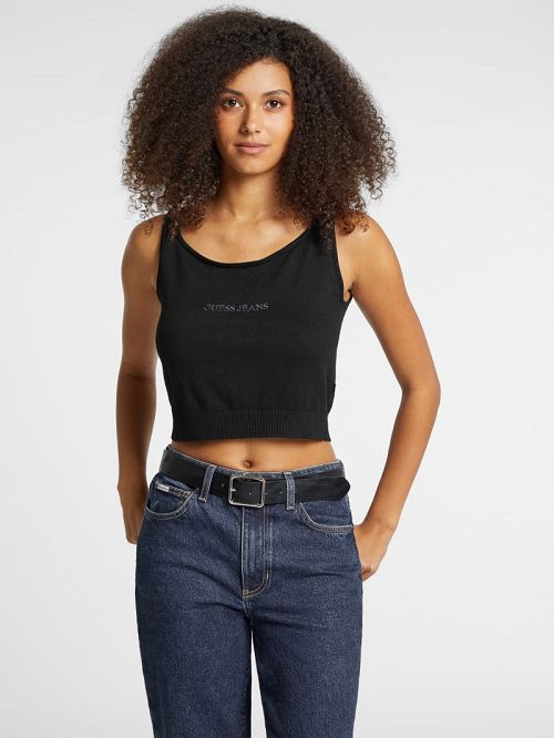 Guess Silk and Wool-Blend Scoop Logo Sweater Tank Zwart | GUESS-SN27439