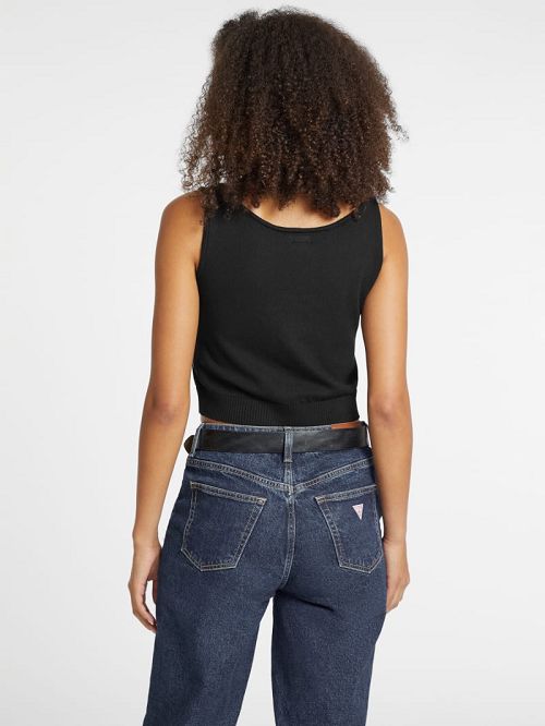 Guess Silk and Wool-Blend Scoop Logo Sweater Tank Zwart | GUESS-SN27439
