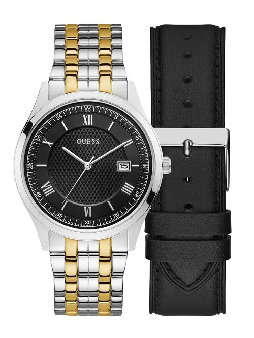 Guess Silver-Tone Analog Watch with Black Leather Strap Multi | GUESS-SN31645