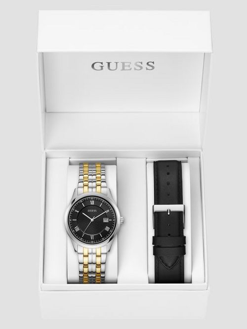 Guess Silver-Tone Analog Watch with Black Leather Strap Multi | GUESS-SN31645