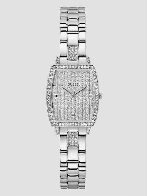 Guess Silver-Tone Crystal Barrel Analog Watch Zilver | GUESS-SN30031