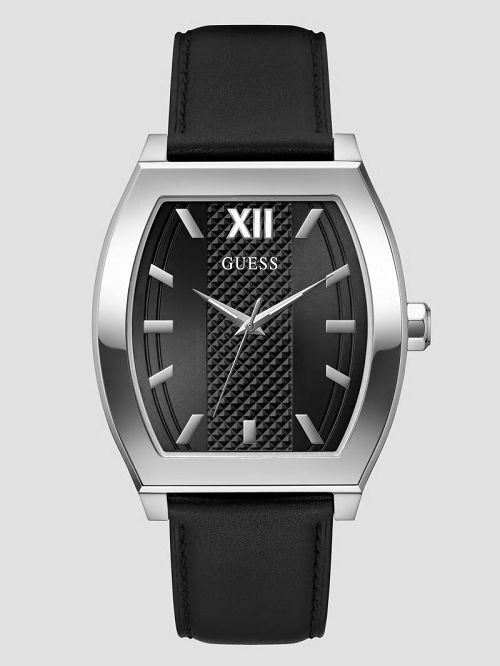 Guess Silver-Tone and Black Leather Analog Watch Zilver | GUESS-SN31670