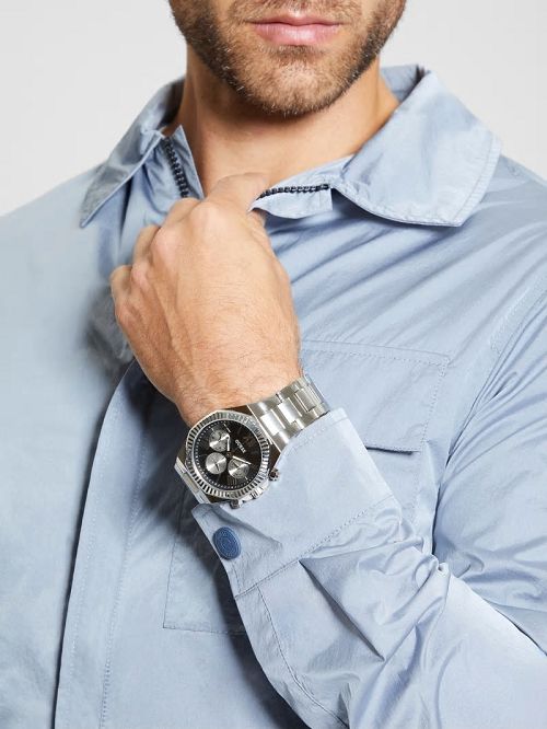 Guess Silver-Tone and Black Multifunction Watch Zilver | GUESS-SN31674