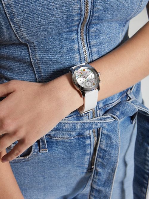 Guess Silver-Tone and White Colored Crystal Multifunction Watch Wit | GUESS-SN29992