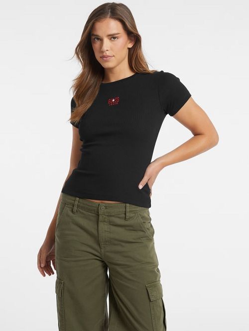 Guess Slim Embroidered Logo Tee Zwart | GUESS-SN27457