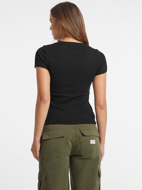 Guess Slim Embroidered Logo Tee Zwart | GUESS-SN27457