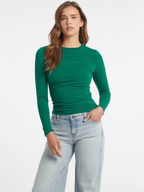 Guess Slim Embroidered Long-Sleeve Tee Groen | GUESS-SN27538