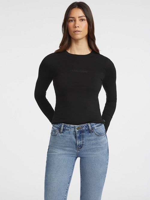 Guess Slim Embroidered Long-Sleeve Tee Zwart | GUESS-SN27565
