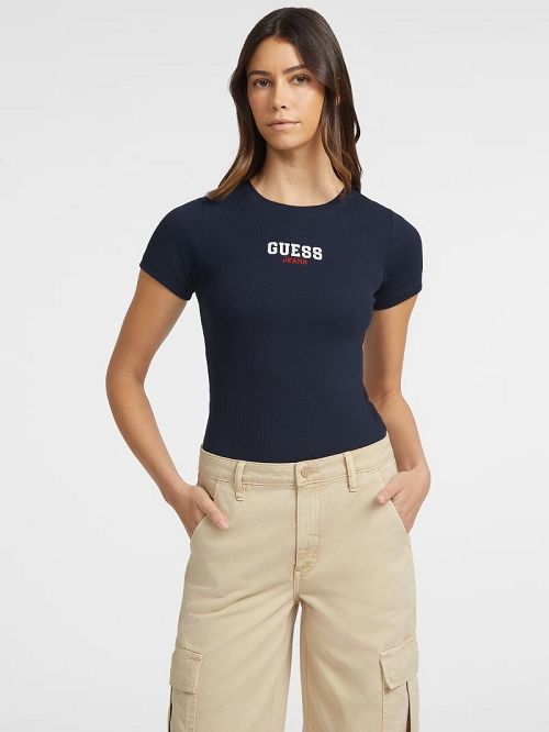 Guess Slim Rib-Knit Embroidered Tee Blauw | GUESS-SN27212