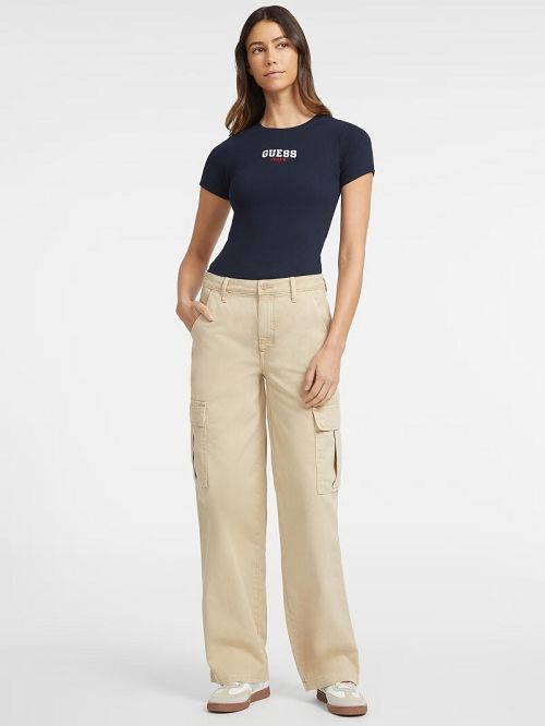Guess Slim Rib-Knit Embroidered Tee Blauw | GUESS-SN27212
