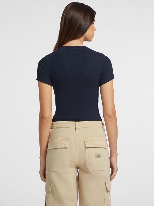Guess Slim Rib-Knit Embroidered Tee Blauw | GUESS-SN27212