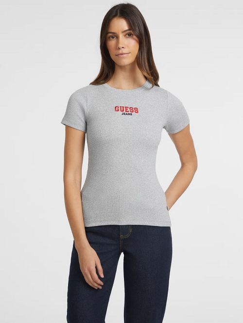 Guess Slim Rib-Knit Embroidered Tee Grijs | GUESS-SN27221