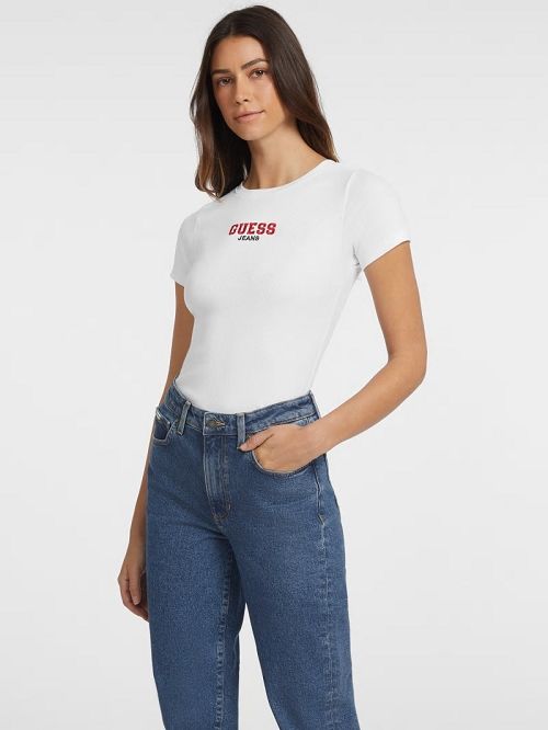 Guess Slim Rib-Knit Embroidered Tee Wit | GUESS-SN27180