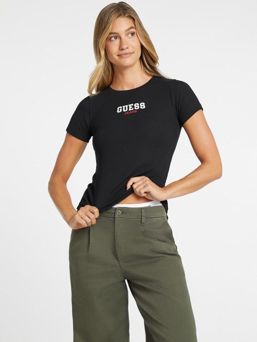 Guess Slim Rib-Knit Embroidered Tee Zwart | GUESS-SN27233