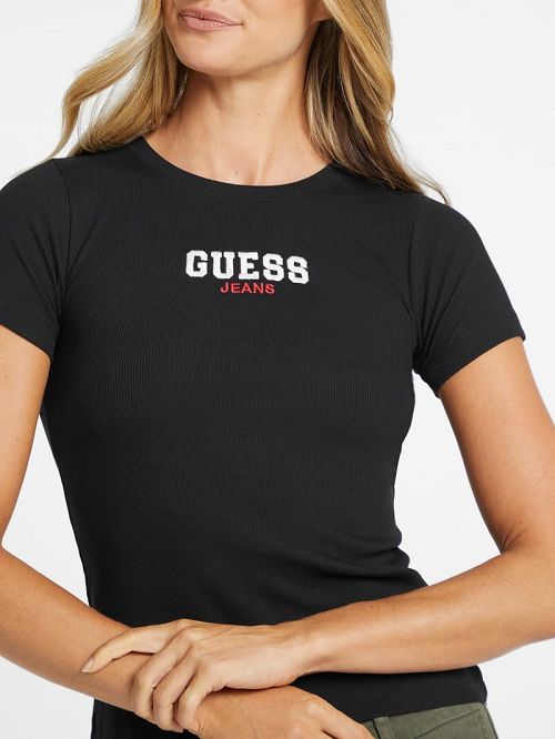 Guess Slim Rib-Knit Embroidered Tee Zwart | GUESS-SN27233