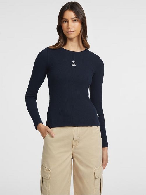 Guess Slim Rib-Knit Star Tee Blauw | GUESS-SN27484