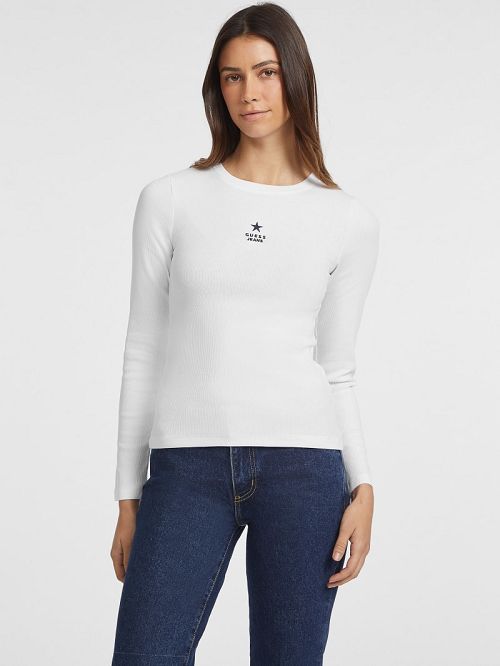 Guess Slim Rib-Knit Star Tee Wit | GUESS-SN27485