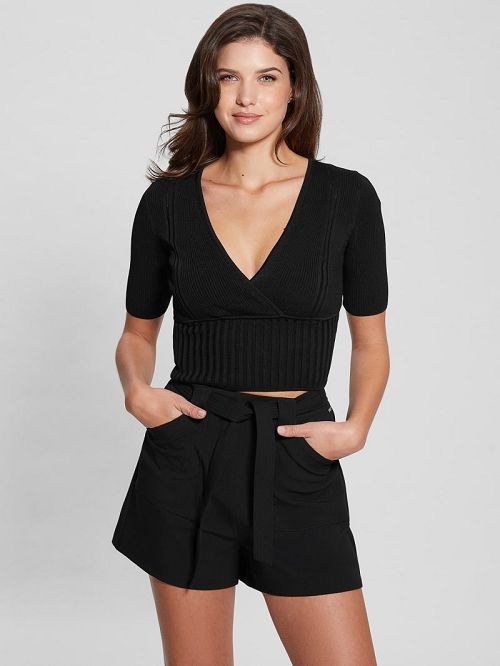 Guess Soft Bandage V-Neck Top Zwart | GUESS-SN27444