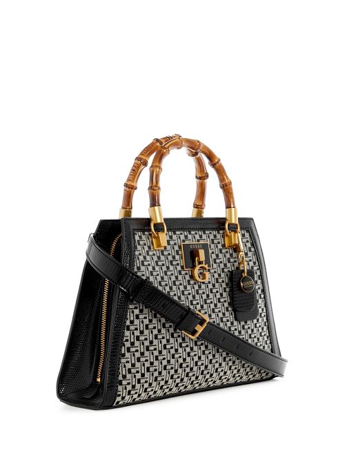 Guess Stephi Jacquard Logo Bamboo Satchel Zwart | GUESS-SN29304