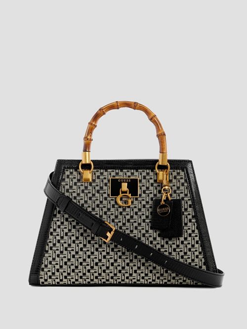 Guess Stephi Jacquard Logo Bamboo Satchel Zwart | GUESS-SN29304