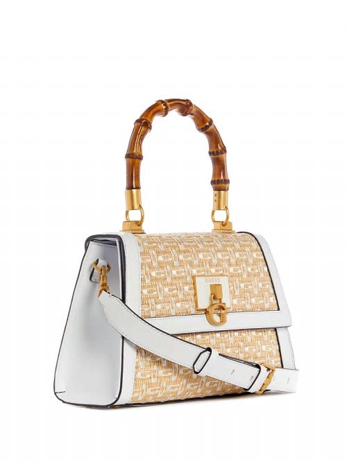 Guess Stephi Straw Logo Bamboo Fold-Over Satchel Wit | GUESS-SN29307