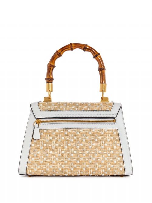 Guess Stephi Straw Logo Bamboo Fold-Over Satchel Wit | GUESS-SN29307