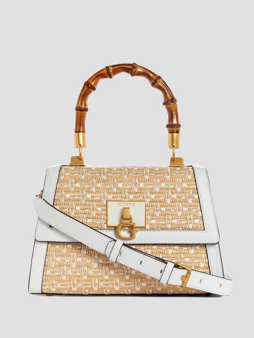 Guess Stephi Straw Logo Bamboo Fold-Over Satchel Wit | GUESS-SN29307