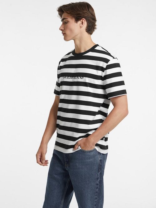 Guess Striped Logo Tee Zwart Wit | GUESS-SN30665