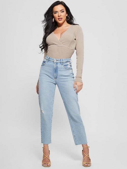 Guess Surplice Soft Bandage Sweater Top Beige | GUESS-SN27737