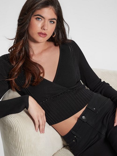 Guess Surplice Soft Bandage Sweater Top Zwart | GUESS-SN27741