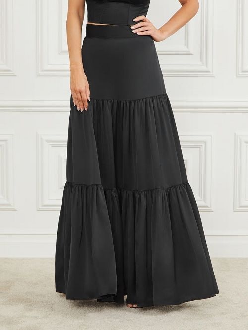Guess Susanne Satin Maxi Skirt Zwart | GUESS-SN28135