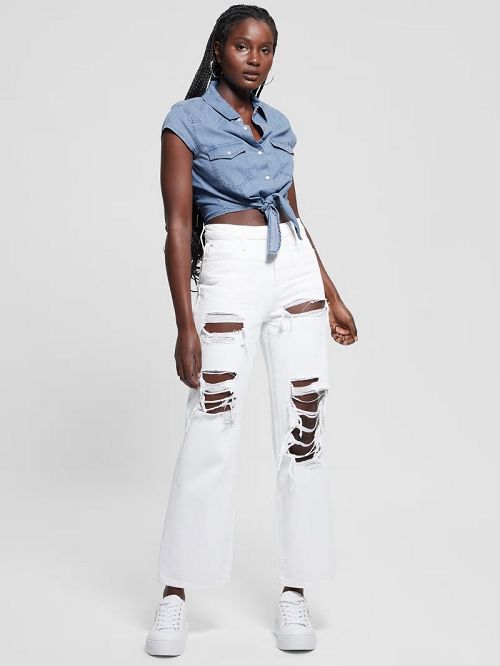 Guess Tie-Front Crop Western Shirt Blauw | GUESS-SN27220