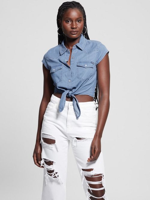 Guess Tie-Front Crop Western Shirt Blauw | GUESS-SN27220