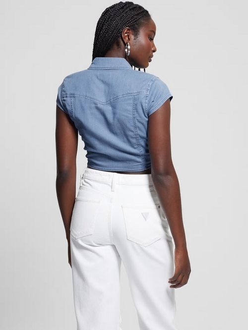 Guess Tie-Front Crop Western Shirt Blauw | GUESS-SN27220