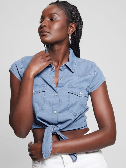 Guess Tie-Front Crop Western Shirt Blauw | GUESS-SN27220
