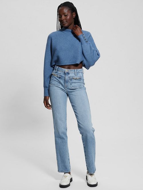 Guess Toki Open Back Shrug Sweater Blauw | GUESS-SN27856