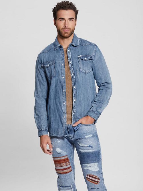 Guess Truckee Long-Sleeve Denim Shirt Blauw | GUESS-SN31107