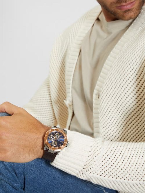Guess Two-Tone and Brown Crocodile-Embossed Leather Multifunction Watch Roze | GUESS-SN31652